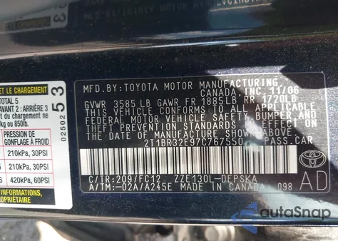 2007 Toyota Corolla S from USA, damaged, VIN 2T1BR32E97C767550